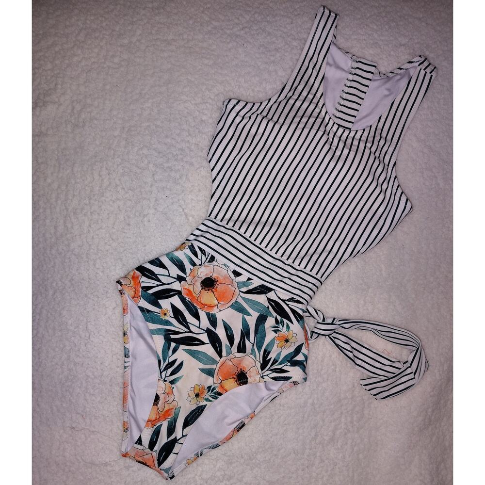 Cupshe Miss U Poppy Print Monokini Stripes and Floral Sz S